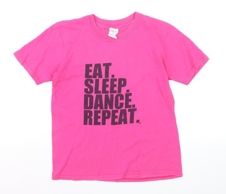 Gildan Girls Pink Graphic Cotton T-Shirt Youth Large Eat Sleep Dance Repeat