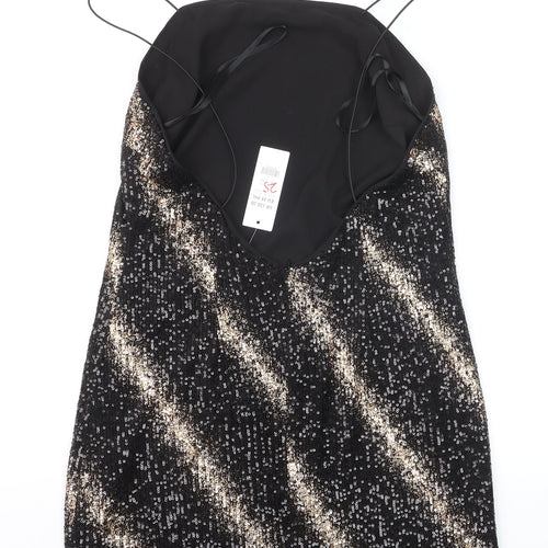 Fuse Womens Black Sequin Slip Dress Size 14 Party Sleeveless Stretch