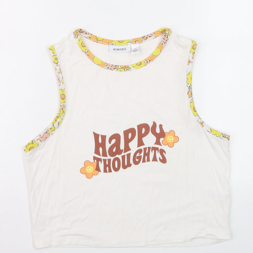 Neon Rose Womens White Cropped Tank Top M Retro Flower Print