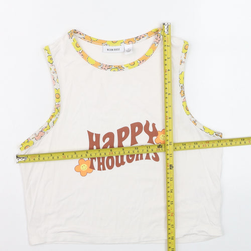 Neon Rose Womens White Cropped Tank Top M Retro Flower Print
