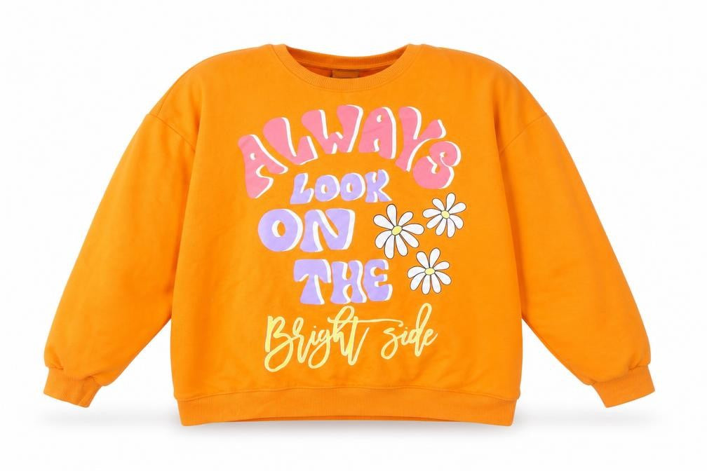 Front view of Primark Women’s Orange Graphic Pullover Sweatshirt, size L, Relaxed Fit