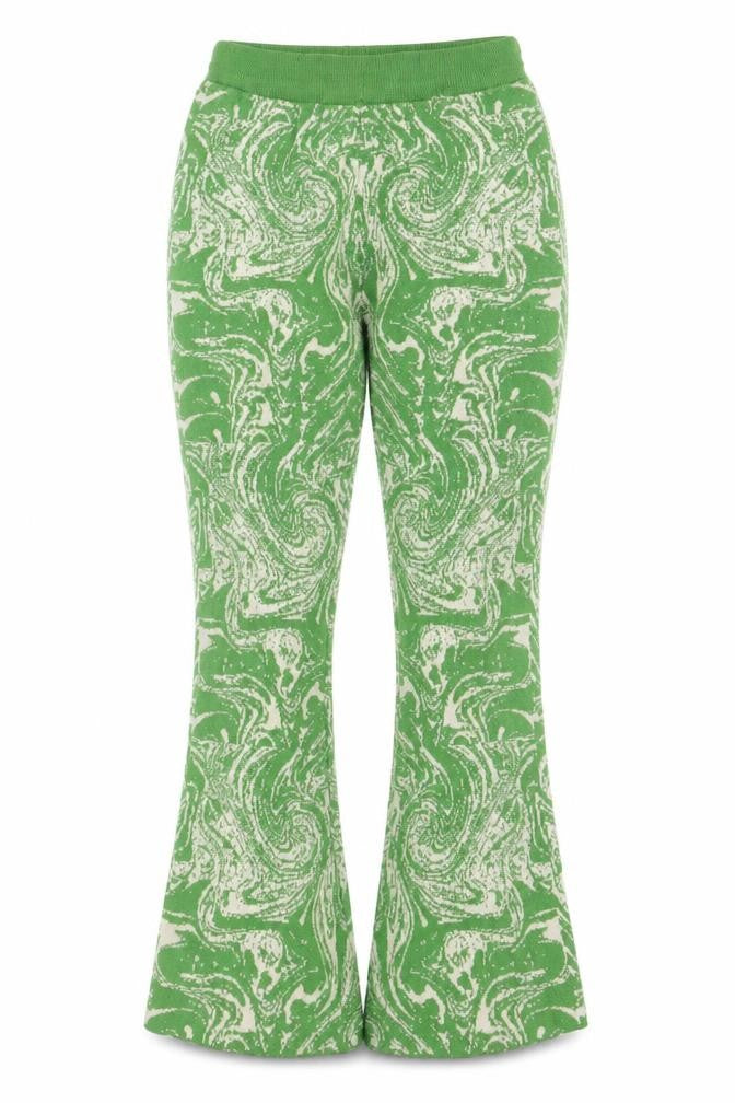 Front view of Daisy Street women’s green flared knit trousers, size UK 18