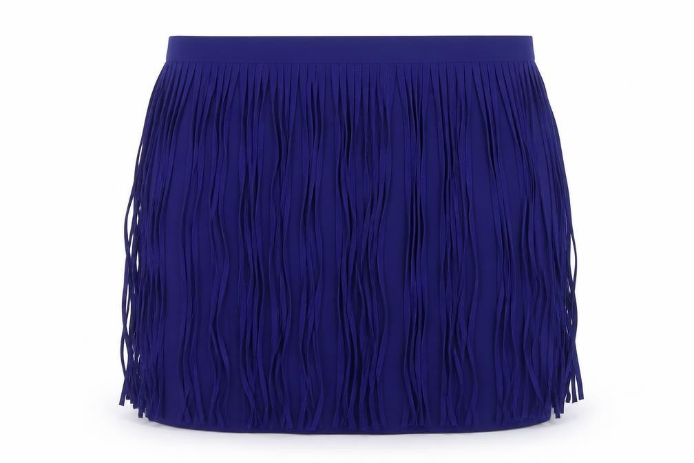 Front view of Zara Basic Women's Blue Fringe Short Skirt, size S, Festival Boho Style