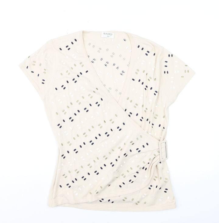 Kaliko Women's Beige Wrap Blouse Top Size 14 Short Sleeve Buckle Detail