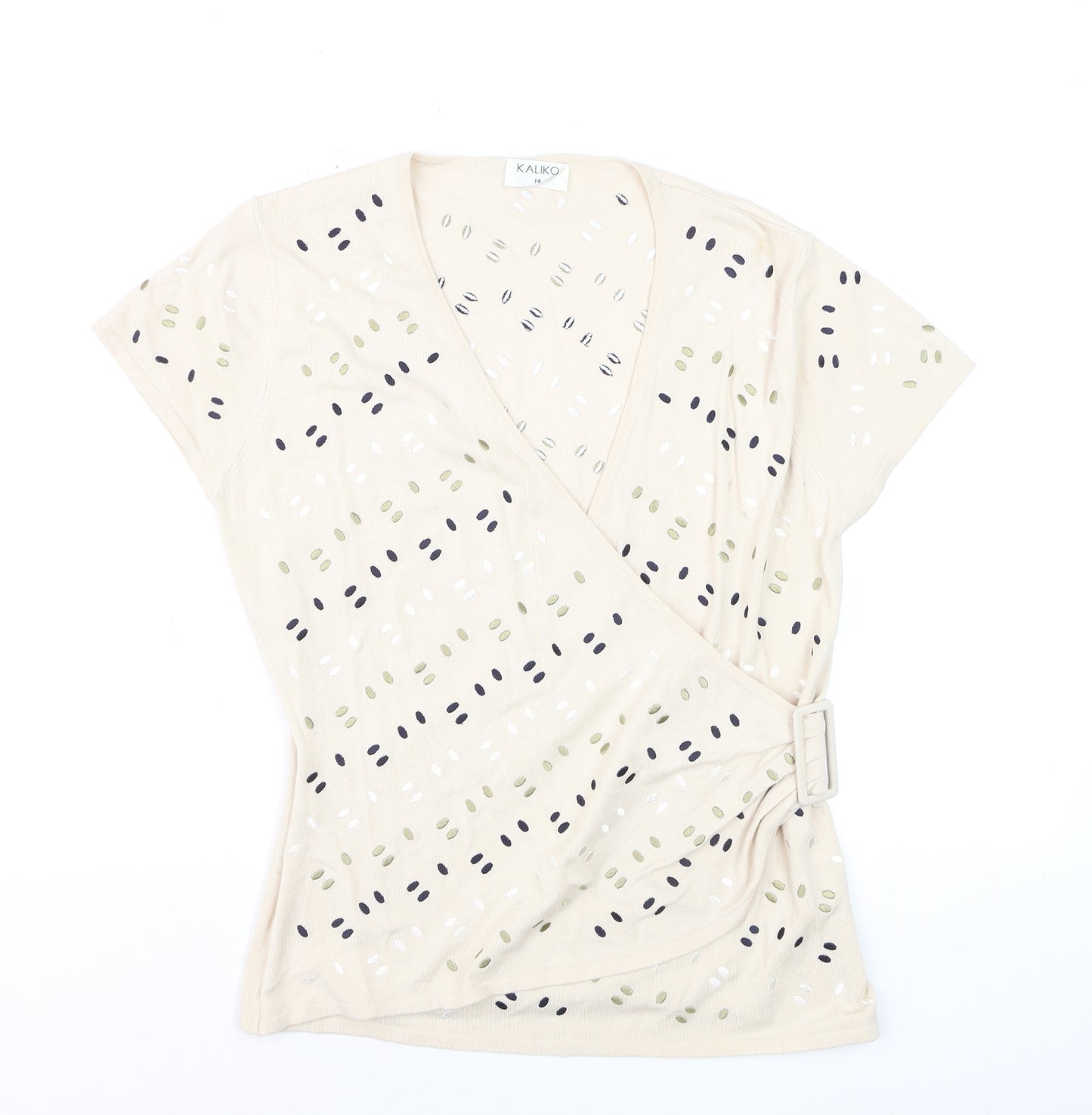 Kaliko Women's Beige Wrap Blouse Top Size 14 Short Sleeve Buckle Detail