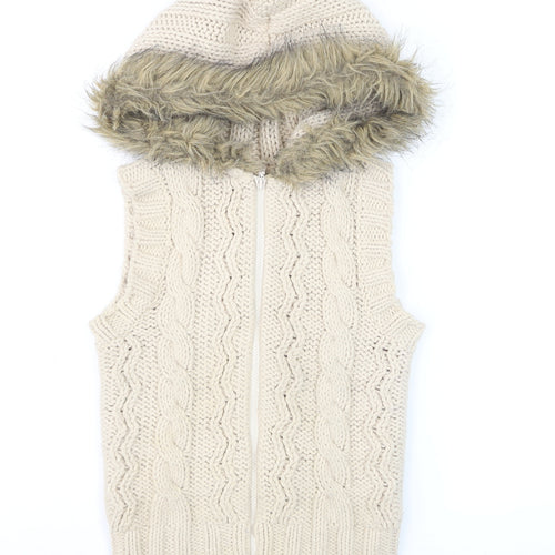 Topshop Womens Beige Knit Hooded Fur Trim Waistcoat Size 8