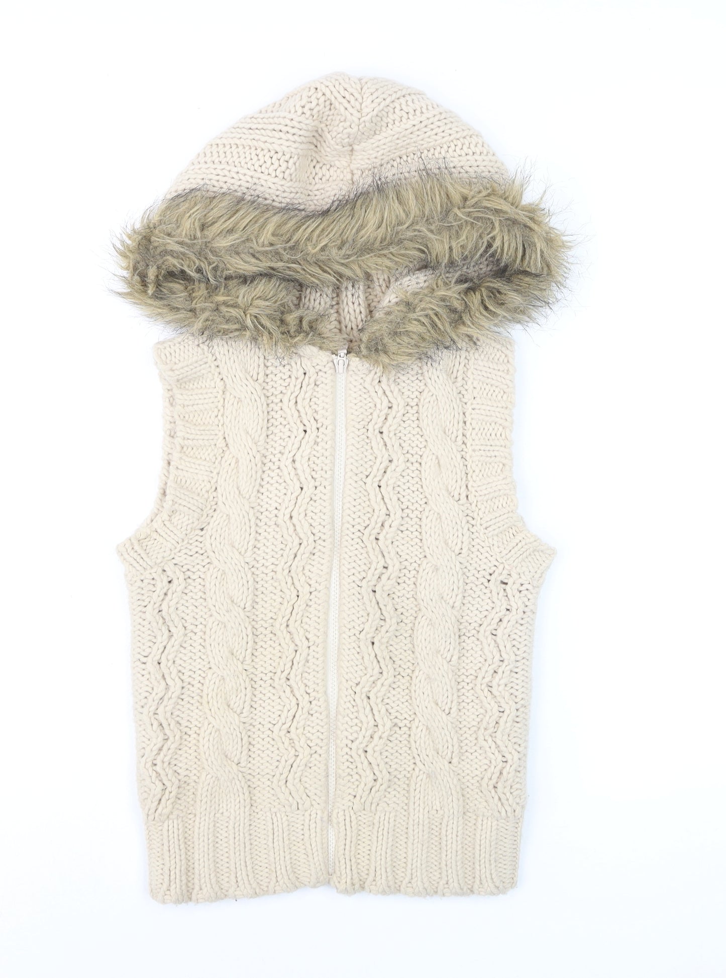Topshop Womens Beige Knit Hooded Fur Trim Waistcoat Size 8