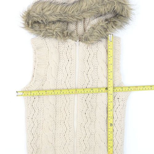 Topshop Womens Beige Knit Hooded Fur Trim Waistcoat Size 8