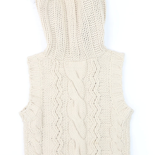 Topshop Womens Beige Knit Hooded Fur Trim Waistcoat Size 8