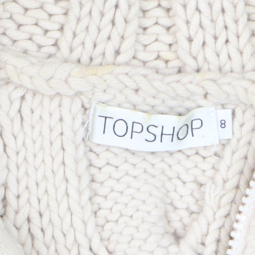 Topshop Womens Beige Knit Hooded Fur Trim Waistcoat Size 8