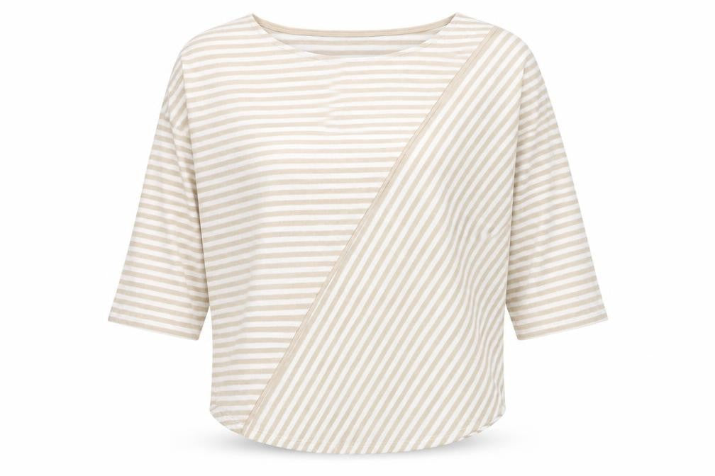 Front view of Phase Eight Beige Striped Women's 3/4 Sleeve Jersey Top, size M