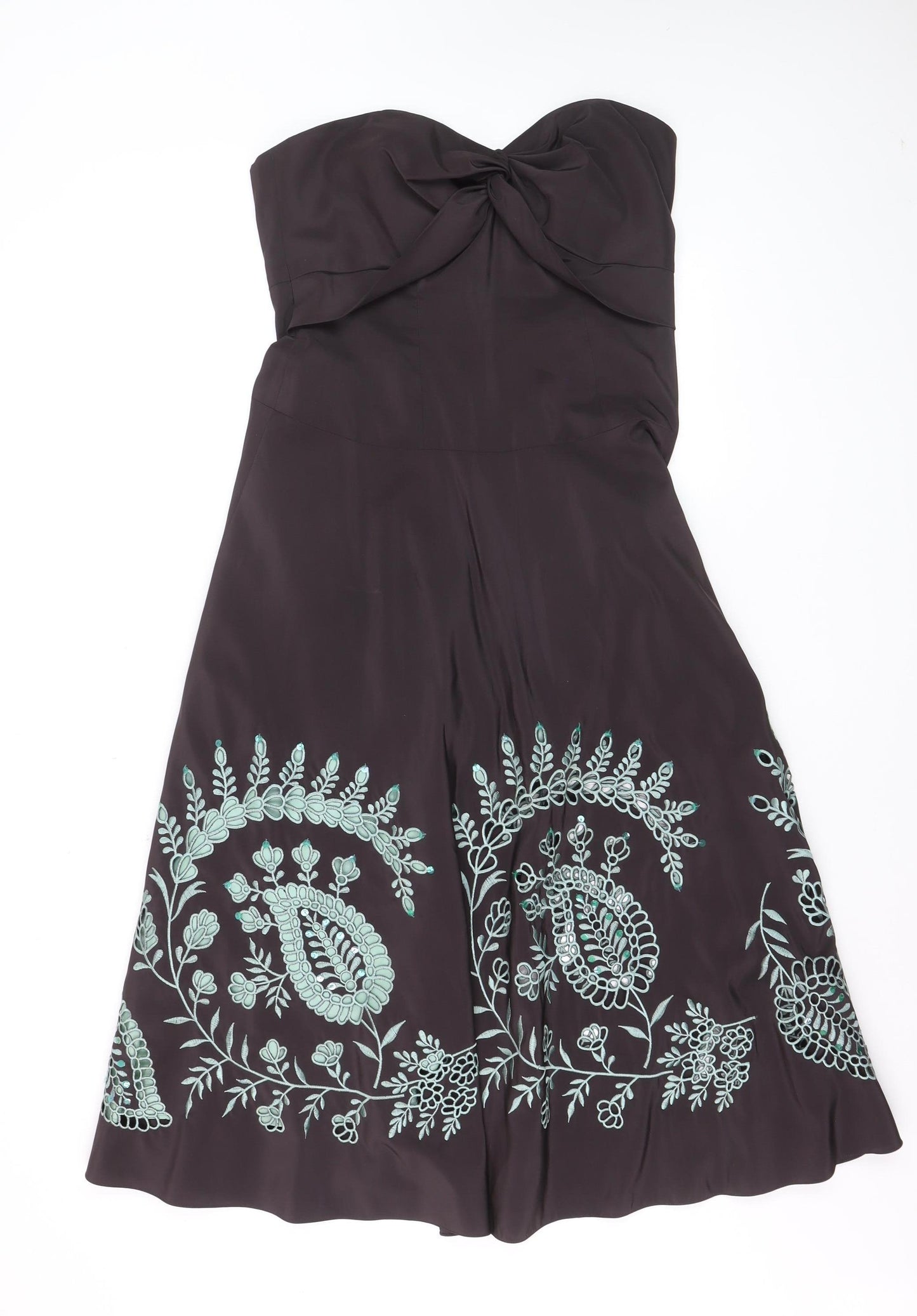 Monsoon Women Brown Embroidered Strapless A-Line Dress Size 12