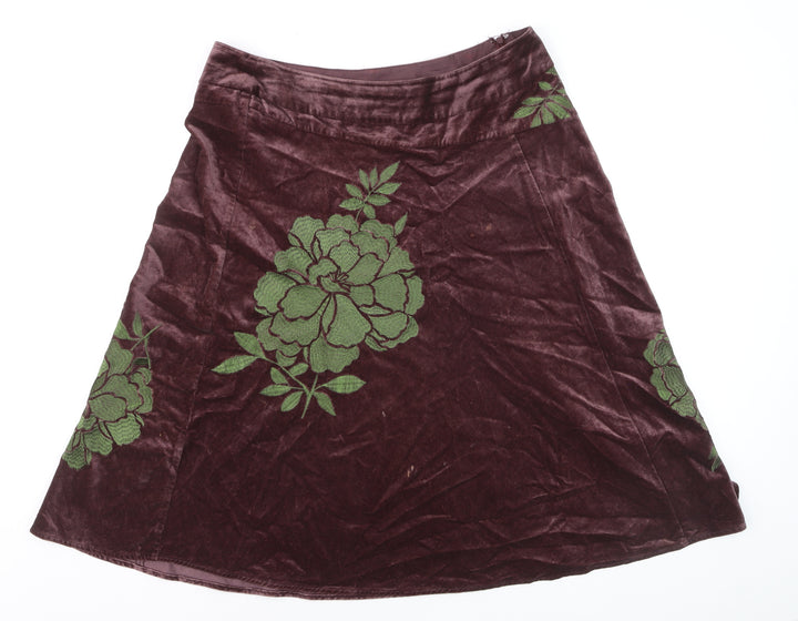 Monsoon Womens Brown Velvet A-Line Embroidered Skirt Size 14