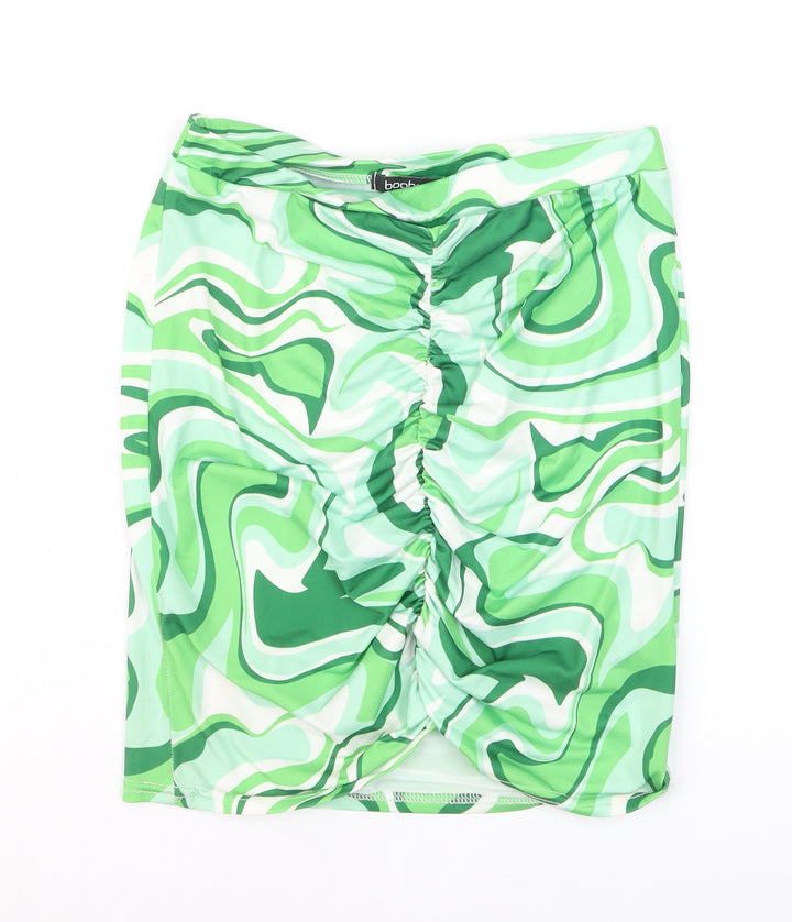 Boohoo Women's Green Geometric Ruched Pencil Skirt Size 10
