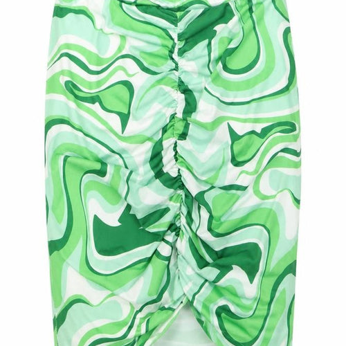Boohoo Women's Green Geometric Ruched Pencil Skirt Size 10