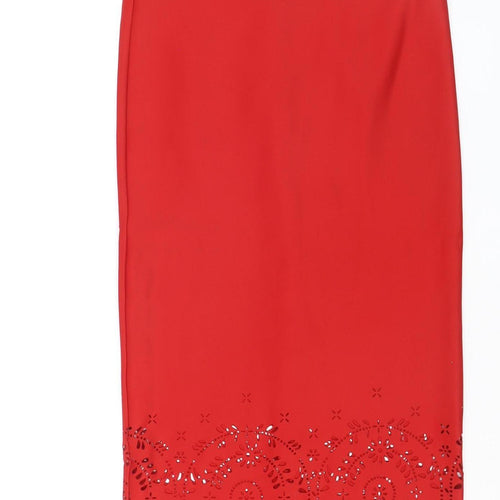 Next Women Red Midi Pencil Skirt Size 8 Stretch High Waist Elegant
