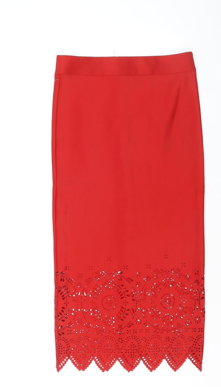 Next Women Red Midi Pencil Skirt Size 8 Stretch High Waist Elegant
