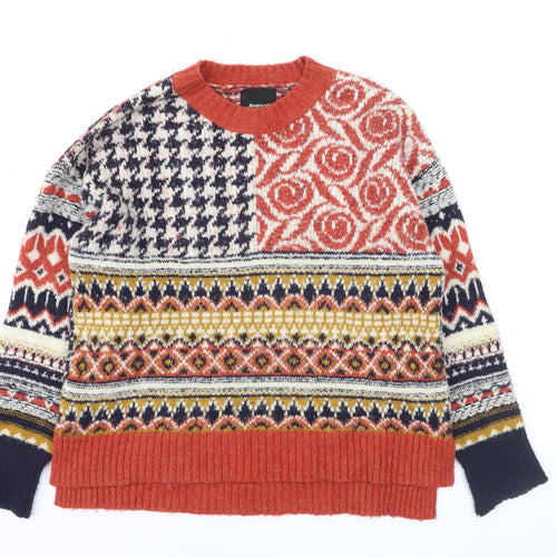 Desigual Women's Multicoloured Wool Blend Fair Isle Crew Neck Jumper Size S