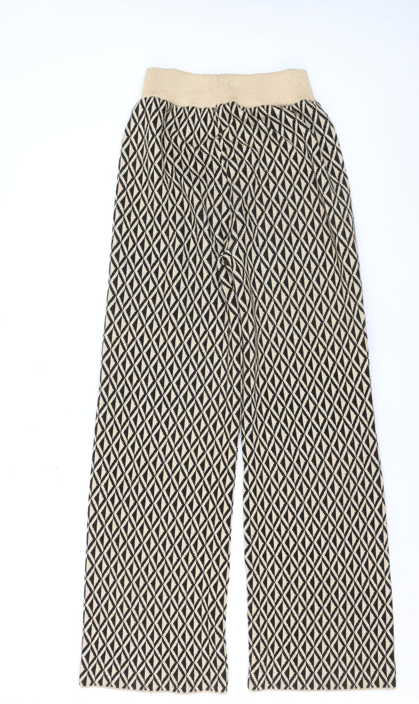 Primark Women's Beige Geometric Wide-Leg Knit Trousers Size 6/8