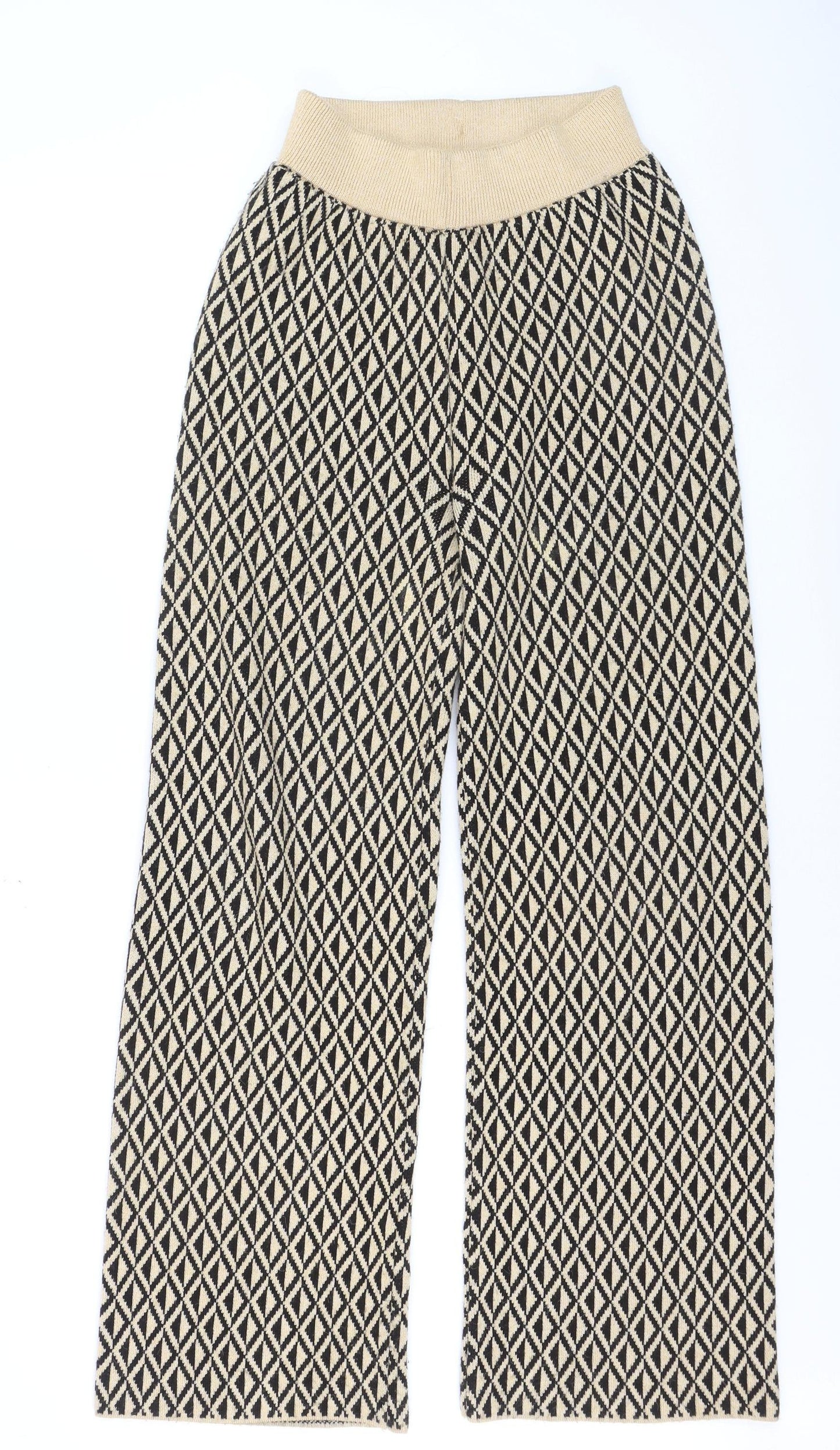 Primark Women's Beige Geometric Wide-Leg Knit Trousers Size 6/8