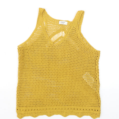 Jacqueline de Yong Women Yellow Crochet Knitted Tank Top L