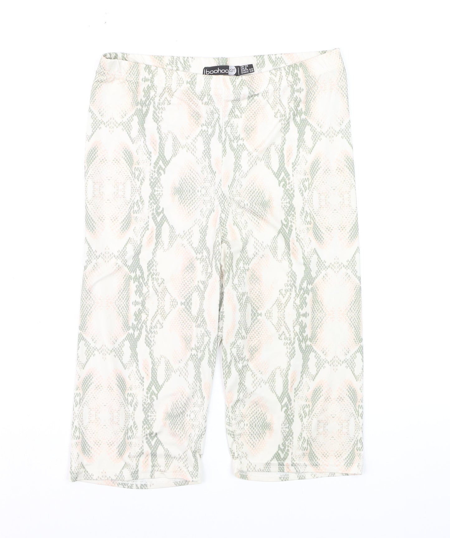 Boohoo Women Beige Green Animal Print Biker Shorts Size 12
