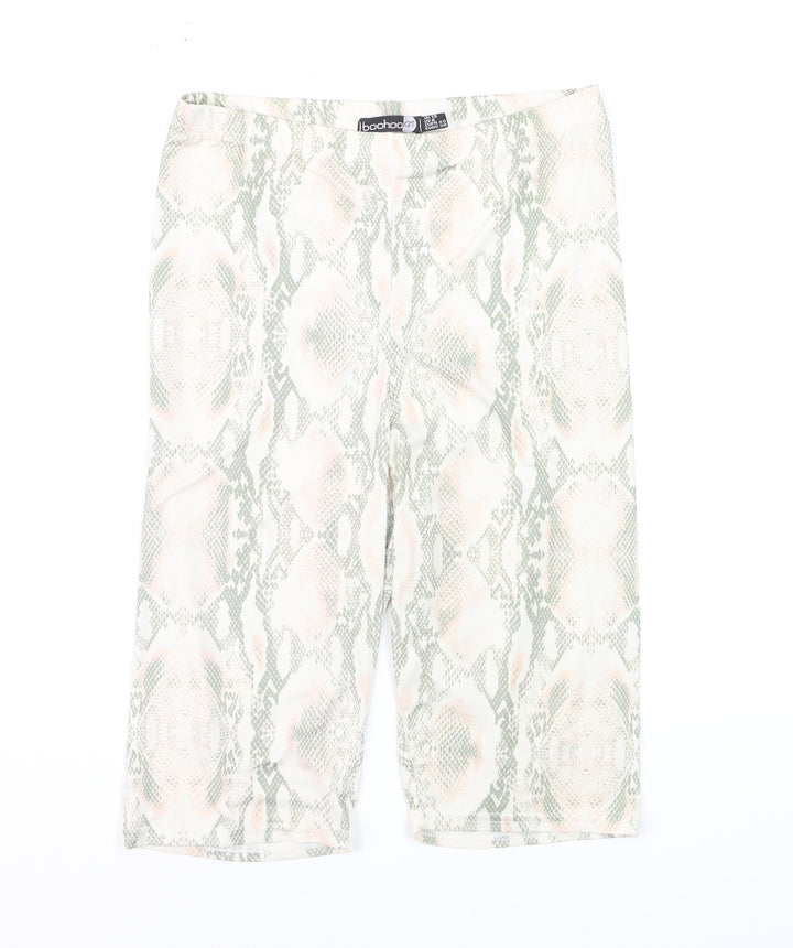 Boohoo Women Beige Green Animal Print Biker Shorts Size 12