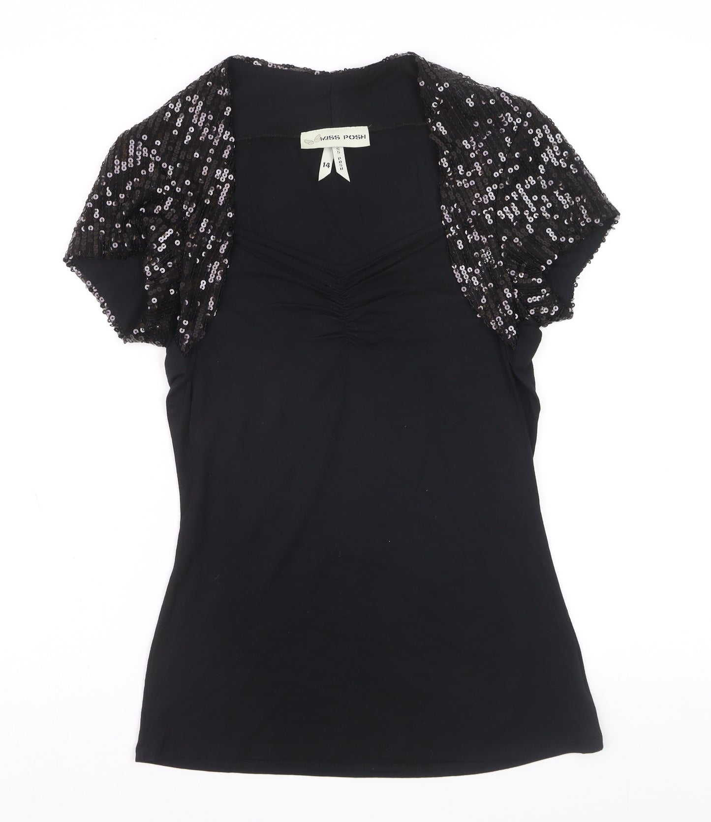 Miss Posh Women’s Black Sequin Short Sleeve V-Neck Party Top Size 14