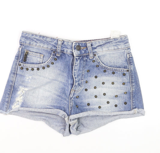 Pull & Bear Women Blue Studded Denim Hot Pants Shorts Size 8
