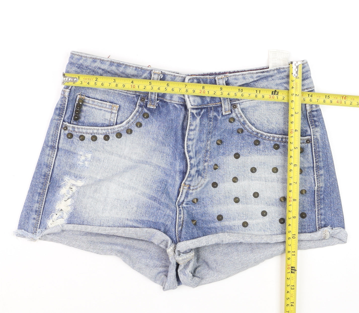 Pull & Bear Women Blue Studded Denim Hot Pants Shorts Size 8