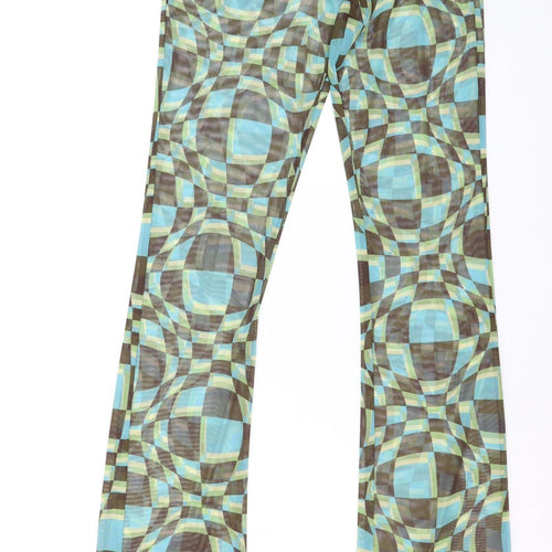 PrettyLittleThing Women Green Geometric Mesh Flared Trousers Size 8