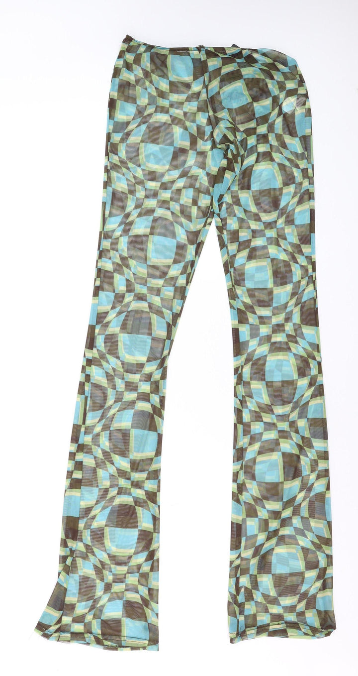 PrettyLittleThing Women Green Geometric Mesh Flared Trousers Size 8