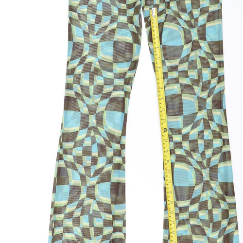 PrettyLittleThing Women Green Geometric Mesh Flared Trousers Size 8