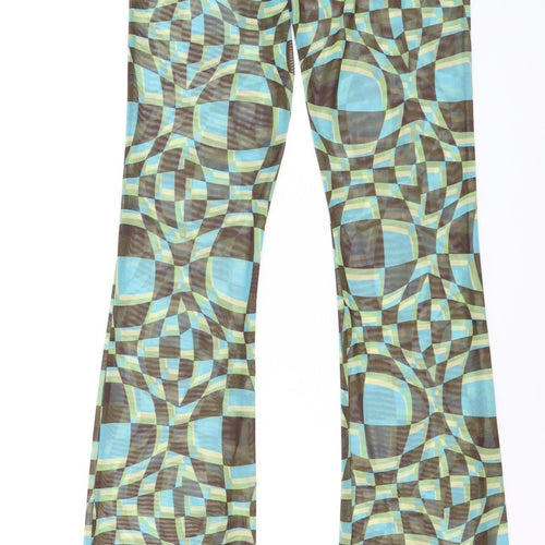 PrettyLittleThing Women Green Geometric Mesh Flared Trousers Size 8