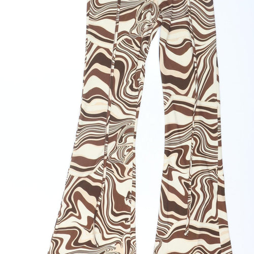 Bershka Women Brown Flared Trousers XS Retro Geometric Stretch
