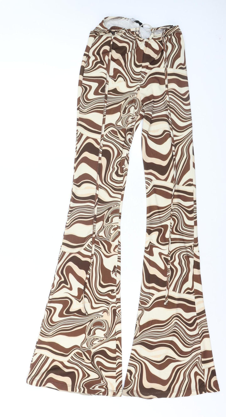 Bershka Women Brown Flared Trousers XS Retro Geometric Stretch