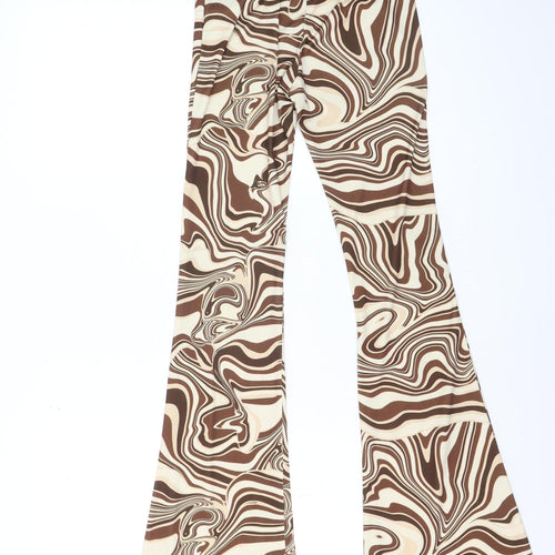 Bershka Women Brown Flared Trousers XS Retro Geometric Stretch