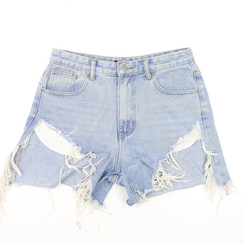 MOMOKROM Women Blue High Rise Distressed Cut-Off Denim Shorts Size 10