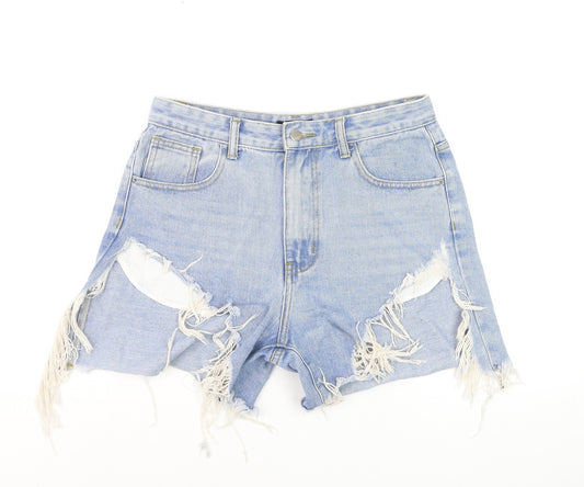 MOMOKROM Women Blue High Rise Distressed Cut-Off Denim Shorts Size 10