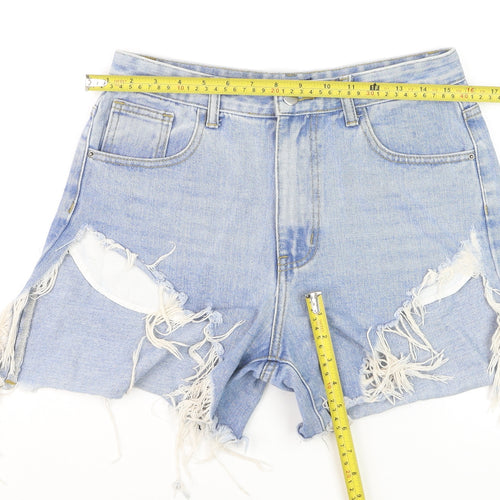 MOMOKROM Women Blue High Rise Distressed Cut-Off Denim Shorts Size 10