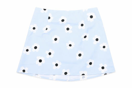 Front view of Princess Polly Women's Blue Floral A-Line Mini Skirt, size 6