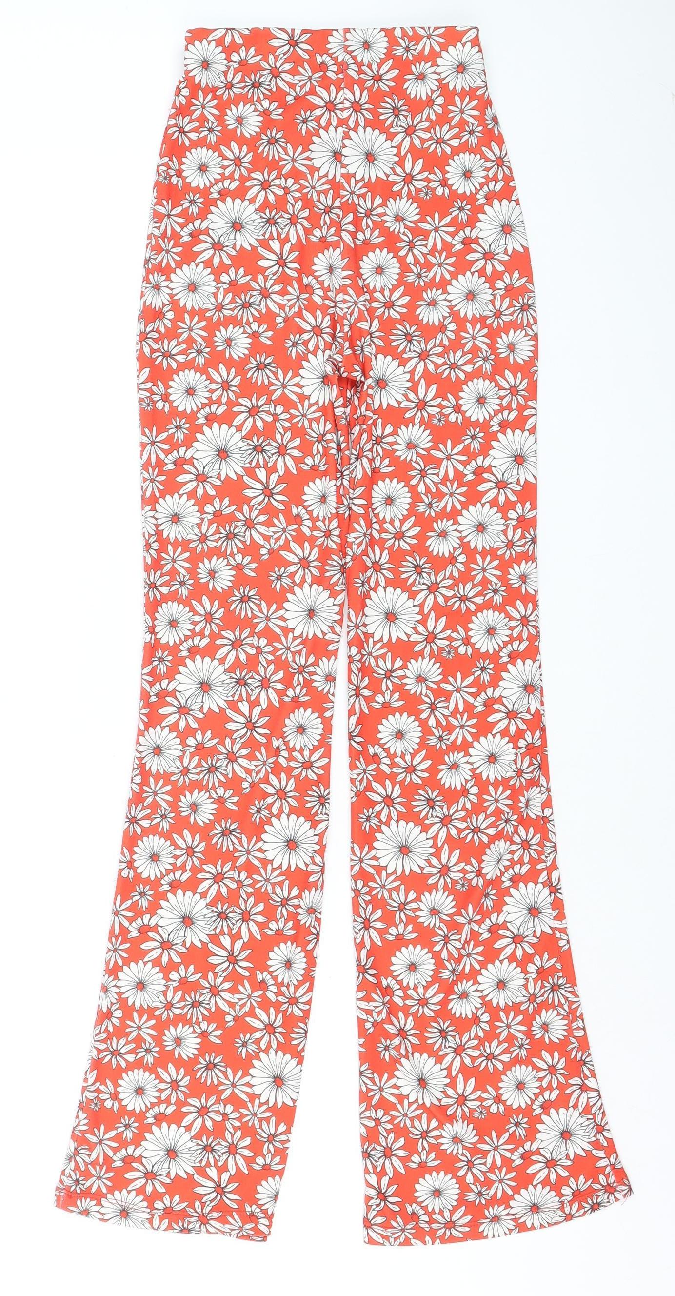 Bershka Women's Orange Floral Flared Trousers XS