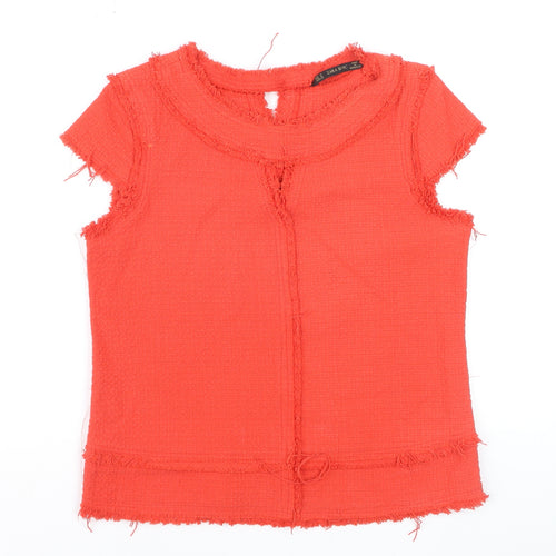 Zara Basic Women’s Red Short Sleeve Frayed Edge Blouse Size M