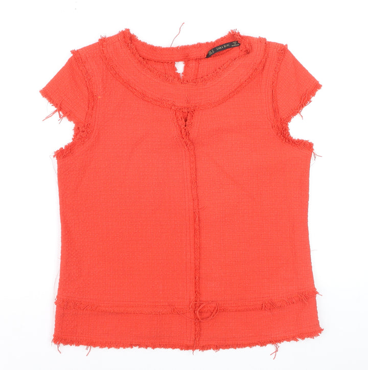 Zara Basic Women’s Red Short Sleeve Frayed Edge Blouse Size M