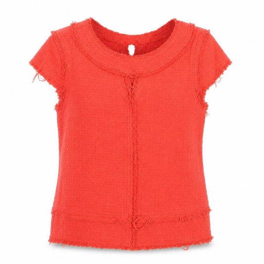 Front view of Zara Basic Women’s Red Short Sleeve Frayed Edge Blouse, size M
