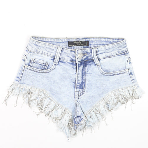 Realty Jeans Women Blue Denim Hot Pants XS Fringe Embellished