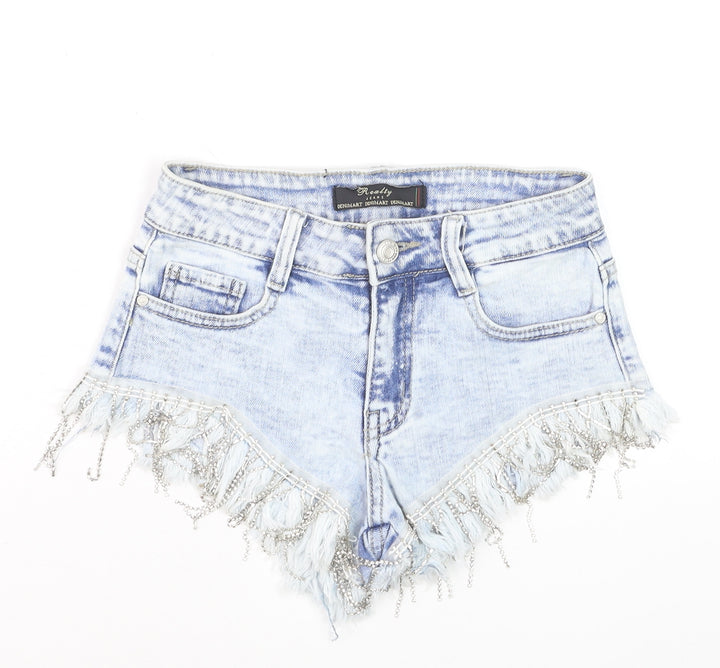 Realty Jeans Women Blue Denim Hot Pants XS Fringe Embellished