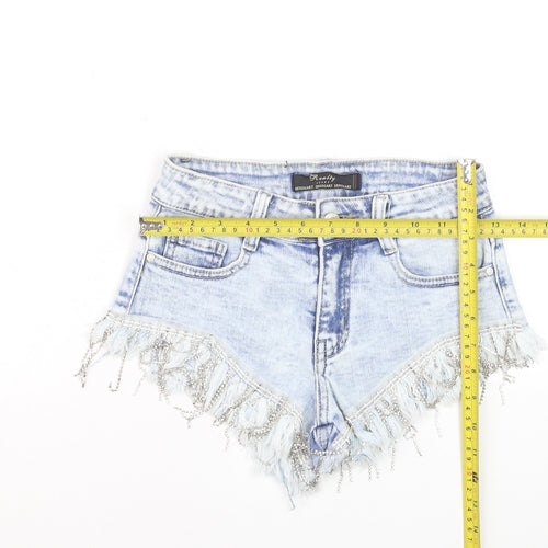 Realty Jeans Women Blue Denim Hot Pants XS Fringe Embellished