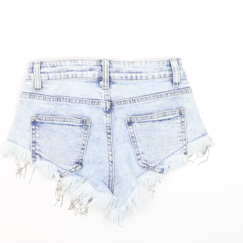 Realty Jeans Women Blue Denim Hot Pants XS Fringe Embellished