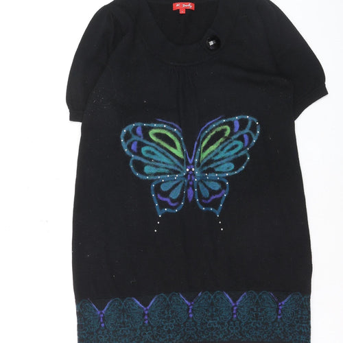 Derhy Women Black Wool Tunic Jumper L Butterfly Print Short Sleeve